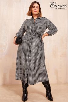 Curves Like These Black/White Printed Midi Shirt Dress (B47143) | kr785