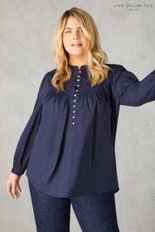 Live Unlimited Curve Blue Cotton Button Front Relaxed Blouse