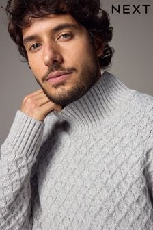 Light Grey Regular Fit Textured Turtle Neck Jumper with Wool (B48155) | $65