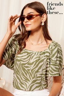 הדפס זברה בצבע ירוק - Friends Like These Bardot Neck Flutter Sleeve Blouse (B48797) | ‏161 ‏₪