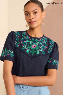 Love & Roses Navy Blue Embroidered Yoke Puff Sleeve Blouse (B49154) | €44