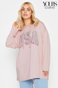 Yours Curve Pink 'USA' Sequin Slogan Longline Hoodie (B49483) | €41