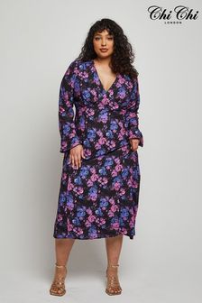 Chi Chi London Black Long Sleeve V-Neck Floral Midi Dress (B49953) | ₪ 327