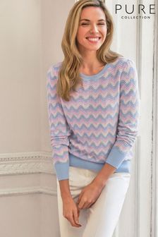 Pure Collection Blue Cotton Rolling Stripe Rib Sweater (B50087) | $303