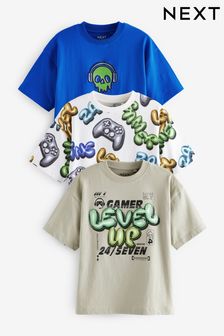 Cobalt Blue/Ecru Cream Relaxed Fit Graphic 100% Cotton Short Sleeve T-Shirts 3 Pack (3-16yrs) (B50208) | SGD 41 - SGD 52