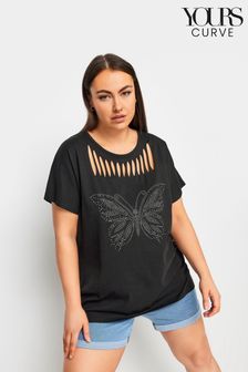 Yours Curve Black Cut Out Butterfly Embellished T-Shirt (B50283) | 1,144 UAH