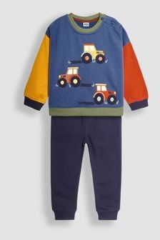 JoJo Maman Bébé Denim Blue Tractor Colour Block Appliqué Sweatshirt & Jogger Set (B50304) | kr630