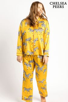 Chelsea Peers Yellow Curve Satin Mustard Zebra Print Long Pyjama Set (B50855) | $94