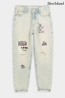 River Island Blue Mom Girls Paris Graffiti Jeans (B50916) | Kč1,110 - Kč1,390