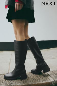 Black Forever Comfort® Chunky Heeled Round Toe Knee High Boots (B51119) | $107