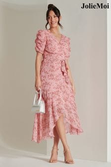Jolie Moi Pink Print Metallic Textured Chiffon Midi Dress (B51308) | 371 QAR