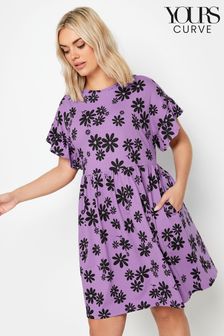 סגול - Yours Curve Yours Curve Purple Daisy Print Frill Sleeve Smock Tunic Dress (B51394) | ‏131 ‏₪