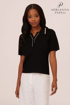 Adrianna Papell Pointelle Short Sleeve Tipped Black Polo Sweater (B52630) | 292 LEI