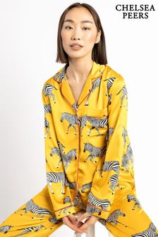 Chelsea Peers Satin Mustard Zebra Print Long Pyjama Set