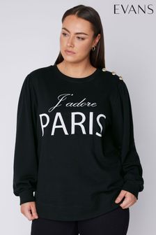 Evans Embroidered Paris Black Sweatshirt With Button Detail (B52973) | €49