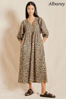 Albaray Animal V-Neck Cotton Brown Dress (B52984) | LEI 657