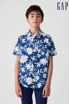 Albastru cu imprimeu floral - Gap Linen Blend Short Sleeve Shirt (4-13ani) (B53723) | 119 LEI