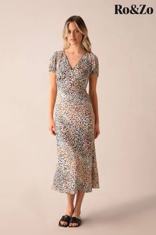 Ro&Zo Leopard Print Puff Sleeve Midi Brown Dress