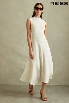 Reiss Ivory Lani Hybrid Knit Tie Back Midi Dress (B54502) | $403