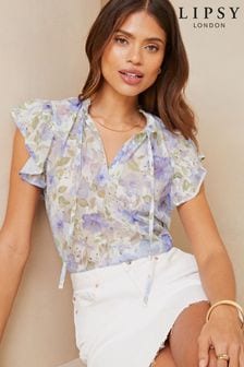 Lipsy Blue Ruffle Sleeve V Neck Tie Front Blouse (B54848) | AED151