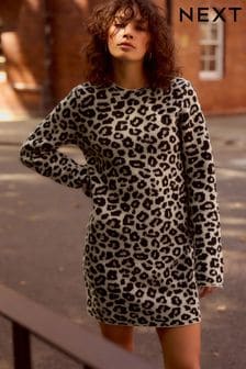 Нейтральный - Leopard Animal Print Long Sleeve Short Knitted Shift Jumper Dress (B55144) | €47