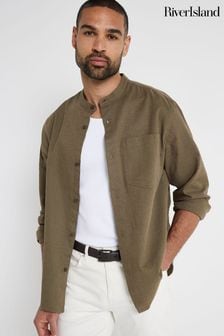 River Island Green Khaki Long Sleeve Linen Blend Shirt (B55347) | NT$1,630