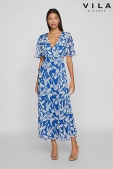 Синий - Vila Angel Sleeve Midi Occasion Dress (B55554) | €85