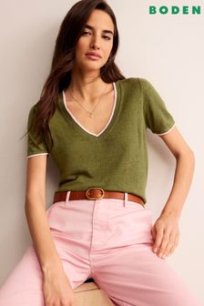 Boden Green Maggie V-Neck Linen T-Shirt (B55592) | kr974