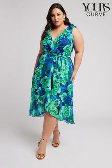 Yours Curve Green YOURS LONDON Curve Navy Blue Floral Ruffle Wrap Dress (B55739) | KRW128,100