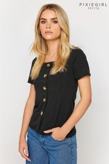 PixieGirl Petite Black Ribbed Button Detail T-Shirt (B55909) | $61