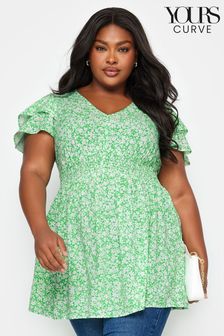 Yours Curve Green Ditsy Print Flutter Sleeve Peplum Top (B56087) | AED150
