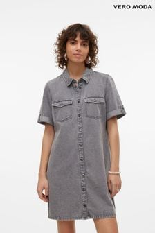 VERO MODA Grey Utility Denim Short Sleeve Shirt Dress (B56203) | $65