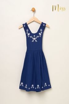 Miss Blue 100% Cotton Floral Skater Dress With Cross-Over Straps (B56258) | $38