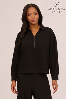 Adrianna Papell Ottoman Rib Zip Front V-Collar Knit Black Sweat Top