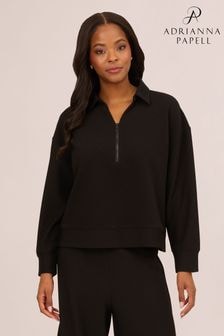 Adrianna Papell Ottoman Rib Zip Front V-Collar Knit Black Sweat Top (B56512) | $84