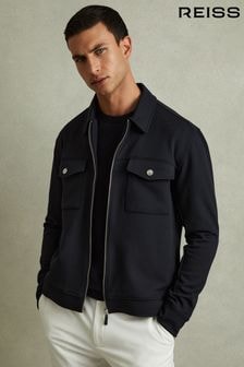 Reiss Navy Blue Medina Zipped Interlock-Jersey Overshirt (B56989) | $297