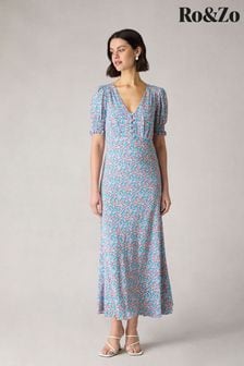 Ro&Zo Petite Blue Ditsy Print Shirred Cuff Midi Dress (B57161) | €131