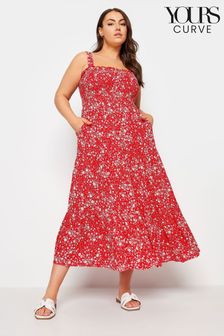 Yours Curve Red Black Abstract Print Shirred Maxi Dress (B57388) | AED189