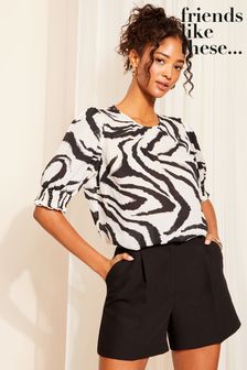Friends Like These Monochrome Round Neck Shirred Cuff Short Sleeve Top (B57847) | €43