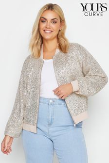Yours Curve Silver Sequin Embellished Bomber Jacket (B57948) | AED338