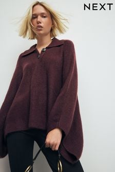 Berry Red Collared Poncho (B58037) | $58