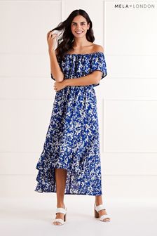 Mela Blue Ditsy Print Bardot Dipped Hem Dress (B58147) | €57