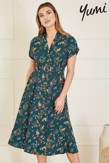 Yumi Green Animal Safari Print Shirt Dress With Matching Belt (B58373) | SGD 106