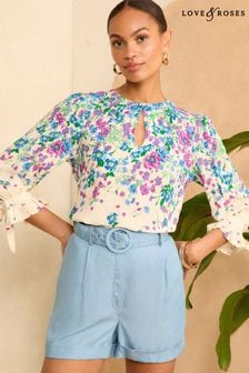 Love & Roses Floral Placement Print Shirred Cuff Blouse (B58593) | $72