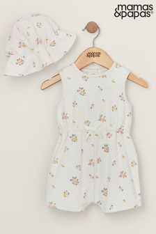 Mamas & Papas White Floral Towelling Romper And Hat Set 2 Piece (B58863) | €29