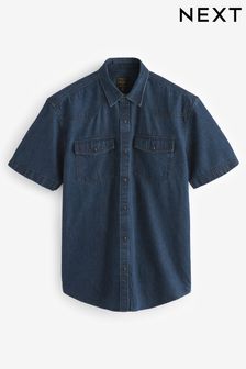 Niebieski - Short Sleeve Denim Western Shirt (B58886) | 195 zł