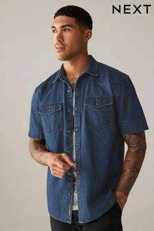 Blue 100% Cotton Short Sleeve Denim Western Shirt (B58886) | $58