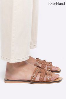 River Island Brown Leather Studded Flat Sandals (B58991) | $56