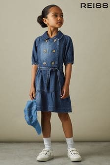 Reiss Blue Marina Junior Denim Puff Sleeve Belted Dress (B59389) | SGD 152