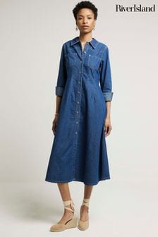 River Island Blue Denim Fitted Midi Shirt Dress (B59881) | OMR28